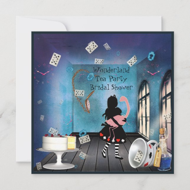 Convites Chá de panela Alice & Pink Flamingo Wonderland (Frente)