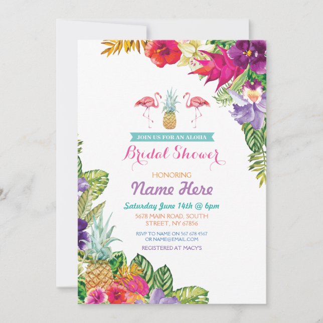 Convites Chá de panela Aloha Luau Flamingo Invite (Frente)