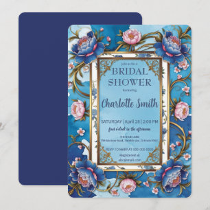 Convites Chá de panela antigo de Peony Azul e Rosa