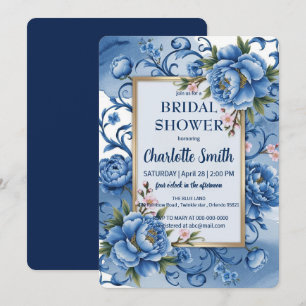 Convites Chá de panela antigo de Peony Moderno Azul