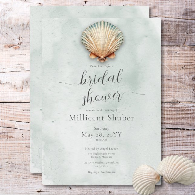 Convites Chá de panela Aqua de Seashell Costeiro Moderno (Modern Coastal Seashell Aqua Bridal Shower Invitation)