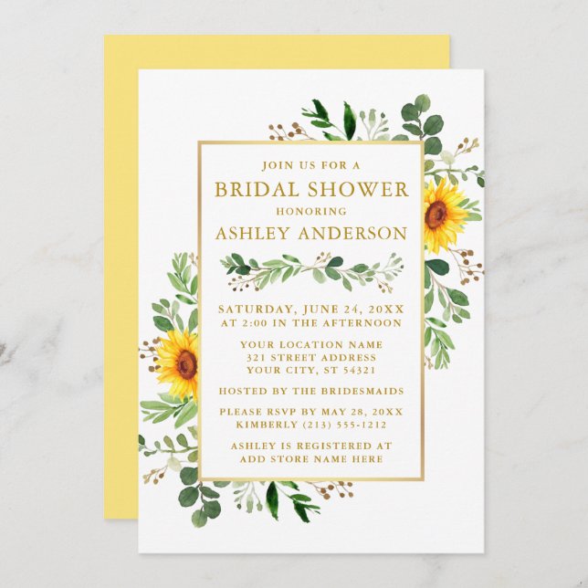 Convites Chá de panela Aquarela Verde Girassóis Dourados (Frente/Verso)
