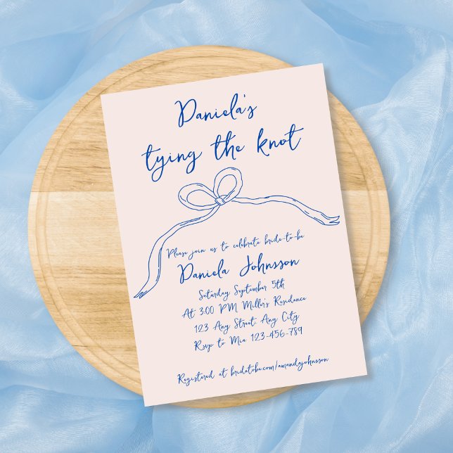 Convites Chá de panela Arco azul Casando desenhado à mão (Hand Drawn Bow Blue Tying The Knot Bridal Shower Invitation)