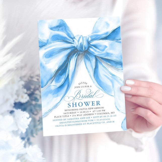 Convites Chá de panela Arco azul empoeirado Elegante (Blue Bow Bridal Shower Invitation)