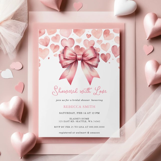 Convites Chá de panela Arco cor-de-rosa coquete (Coquette Pink Bow Valentines Day Bridal Shower Invitation)