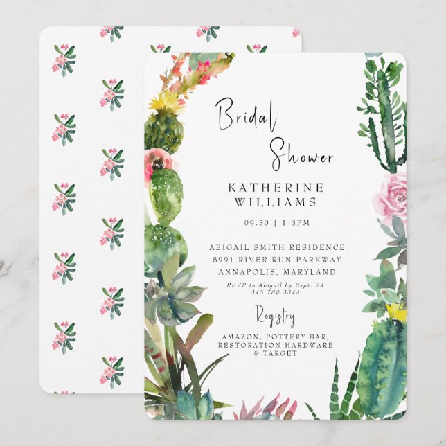 Convites Chá de panela Arredondado Branco de Cactus Tropica (Frente/Verso)