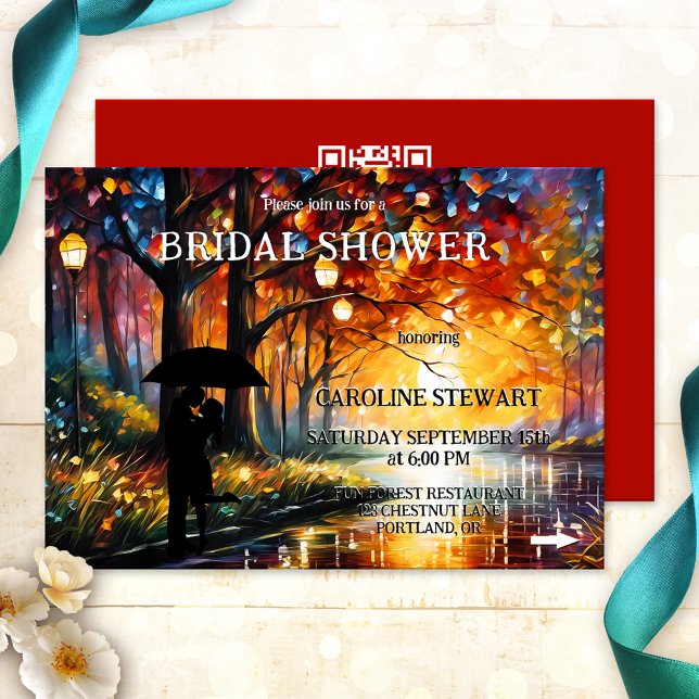 Convites Chá de panela Artístico Colorido Whimsical (Fun and unique colorful bridal shower invitation featuring a couple with umbrella)