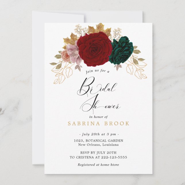 Convites Chá de panela Autumanal Dourado Burgundy Emerald (Frente)