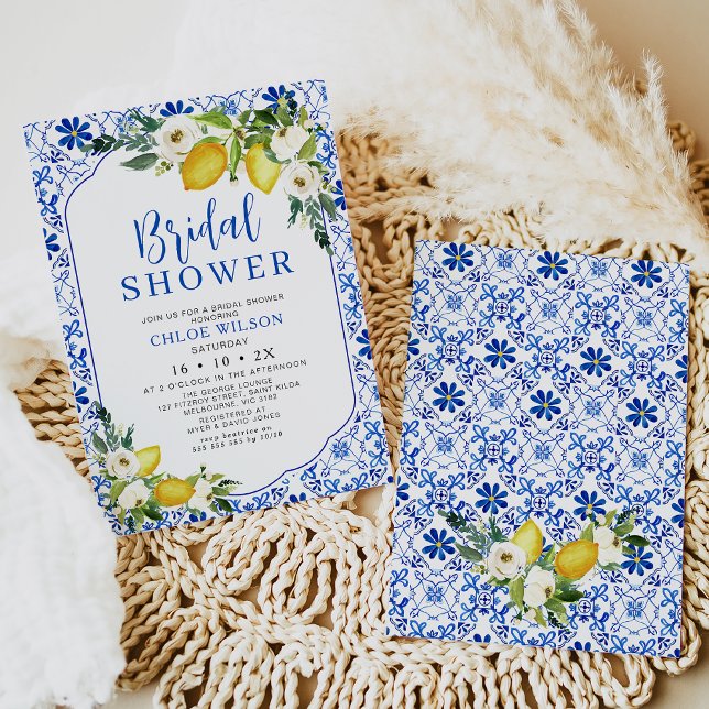 Convites Chá de panela Azul Amarelo Floral Branco-Limão (Mediterranean blue yellow tiles and lemon bridal shower invitation template.)
