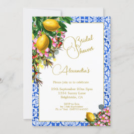 Convites Chá de panela Azul Azulejo Branco Limões Floral