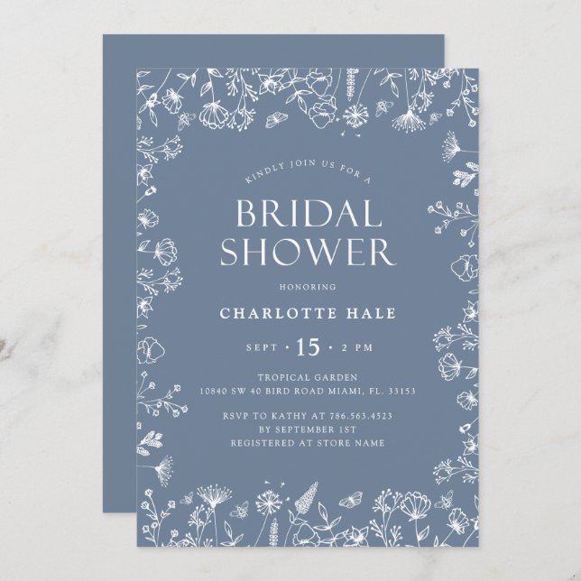 Convites Chá de panela Azul Botânico (Frente/Verso)