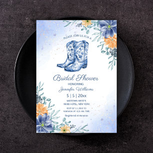 Convites chá de panela azul botas de cowgirl flores oeste