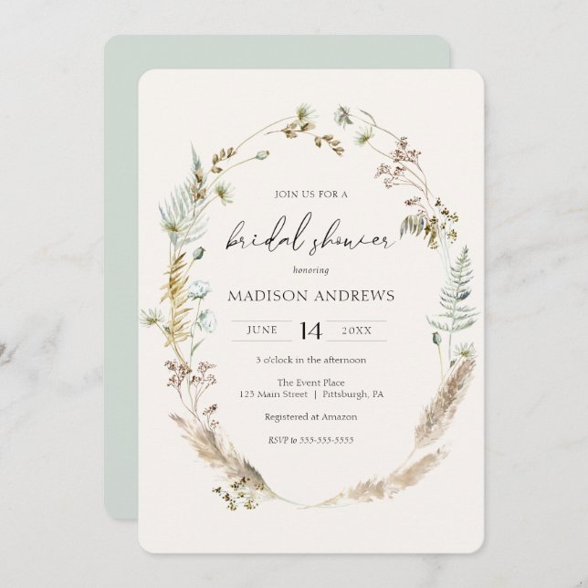 Convites Chá de panela Azul Buquê Seco da Boêmia (Frente/Verso)