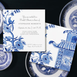 Convites Chá de panela Azul Chinoiserie Floral Watercolor