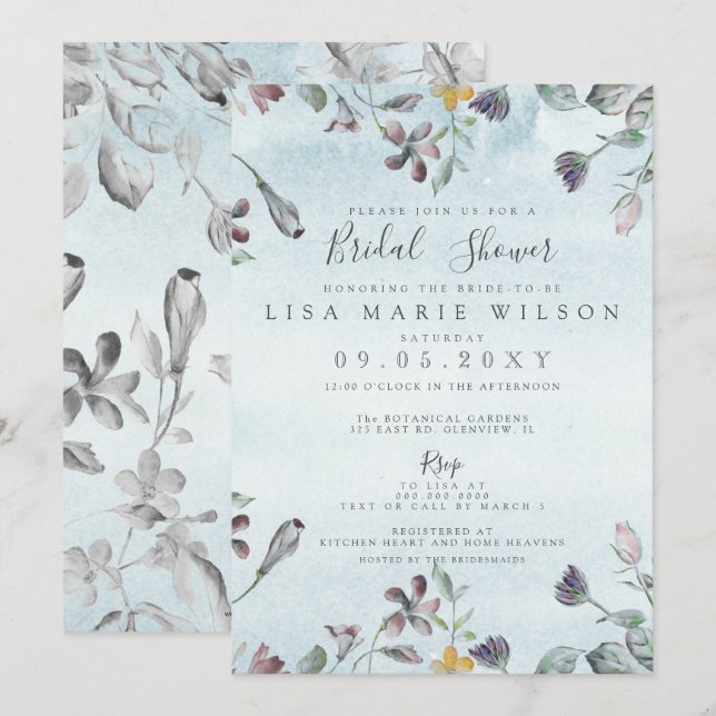 Convites Chá de panela Azul com Dusta Floral Russo Por Aqua (Frente/Verso)