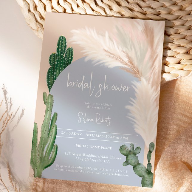 Convites Chá de panela azul de arco do boho cactus pampas (Boho cactus pampas arch blue bridal shower invitation)