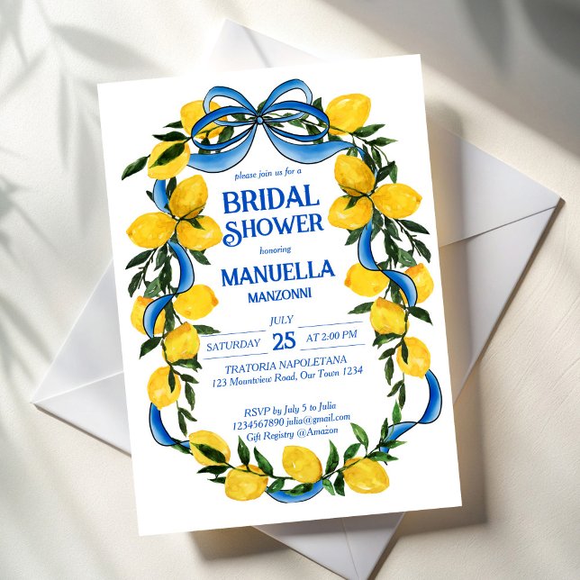 Convites Chá de panela azul de fita arco limão (Lemons blue bow ribbon coquette Italian summer bridal shower invitation template instant download)