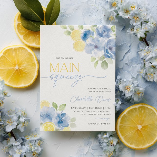 Convites Chá de panela Azul de Limão-Limão de Citros Princi (Main Squeeze Blue Lemon Bridal Shower Invitation | Blue Flowers and Lemon Slices)