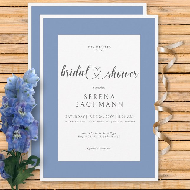 Convites Chá de panela Azul e Branco Romântico Moderno (Modern Romantic Blue & White Bridal Shower Invitation)