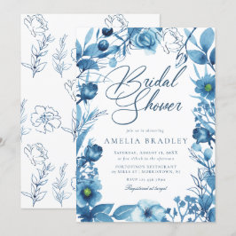Convites Chá de panela Azul Floral Elegante