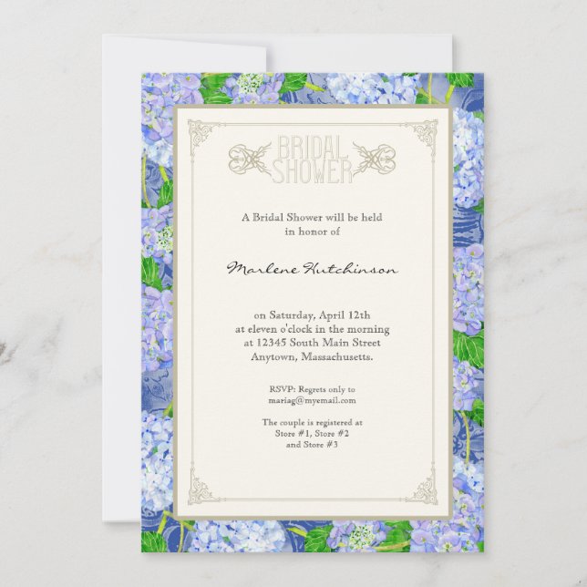 Convites Chá de panela Azul Hydrangea Lace Floral Formal (Frente)