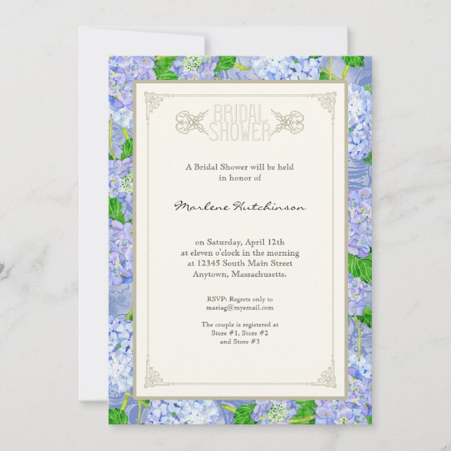 Convites Chá de panela Azul Hydrangea Lace Floral Formal (Frente)