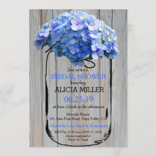 Convites Chá de panela Azul Hydrangeas Mason Jar Barnwood
