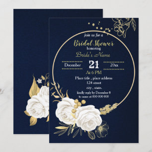 Convites chá de panela azul marinho circular dourado branco