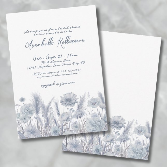 Convites Chá de panela Azul Pampas Floral Dusta Botânica (Botanical Pampas Floral Dusty Blue Bridal Shower Invitation)