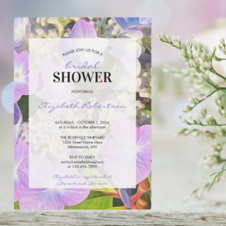 Convites Chá de panela Azul Roxo Hipodrangea Flor temático