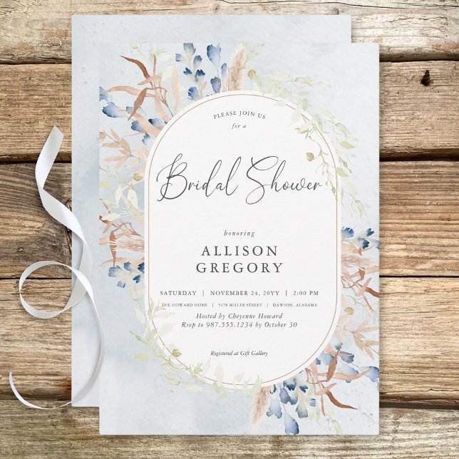 Convites Chá de panela Azul Seco de Flores de Boho (Blue Dried Boho Flowers Blue Bridal Shower Invitation)