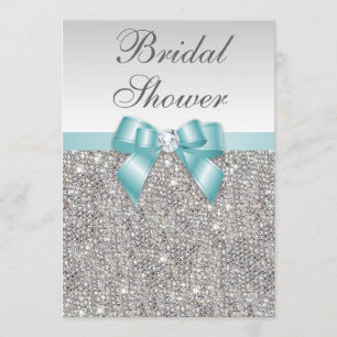 Convites Chá de panela Azul Teal Sequins de Silver Falsos