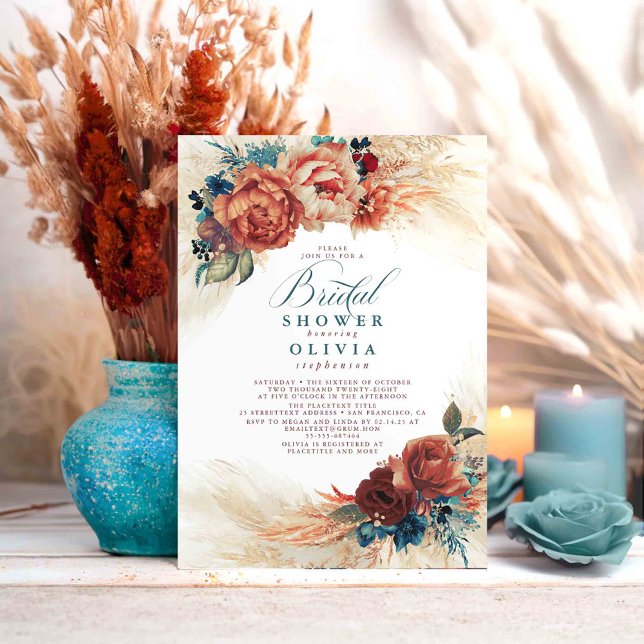 Convites Chá de panela Azul-Terraço Azul-Pampas (Teal and Terracotta Bridal Shower Invitations)