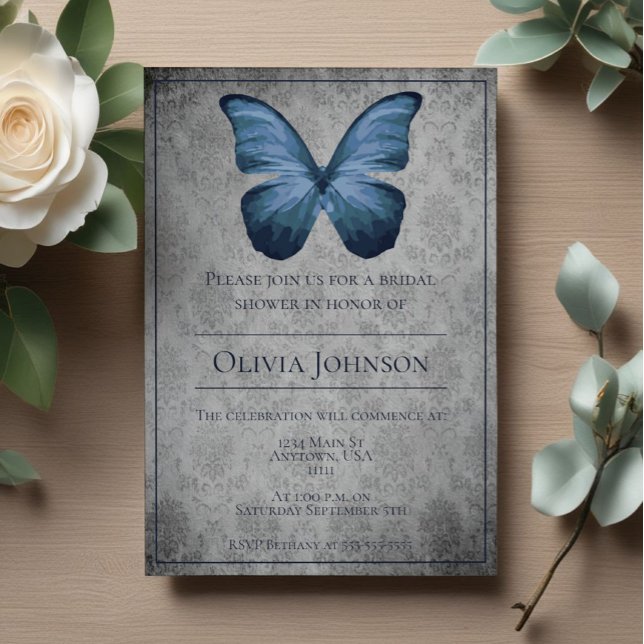Convites Chá de panela Azul Vintage Butterfly Damask (Blue Vintage Butterfly Damask Bridal Shower Invitation)