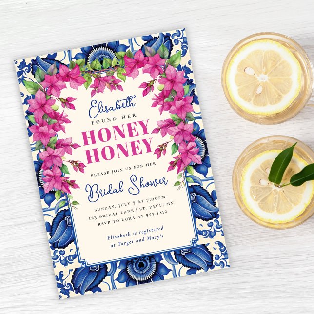 Convites Chá de panela Azulejo Azul Bougainvillea rosa (Pink Bougainvillea Blue Tile Bridal Shower Invitation)