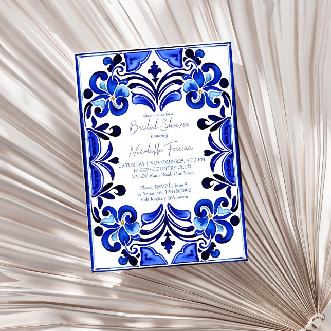 Convites Chá de panela azulejo francês azul mediterrânico (French Blue Mediterranean tiles bridal shower Invitation template digital download white blue themed)