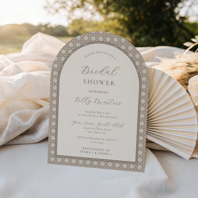 Convites Chá de panela Bambu Neutral Bohemian Woven (Trendy rattan cane bamboo print bridal shower invitation with arch detail)