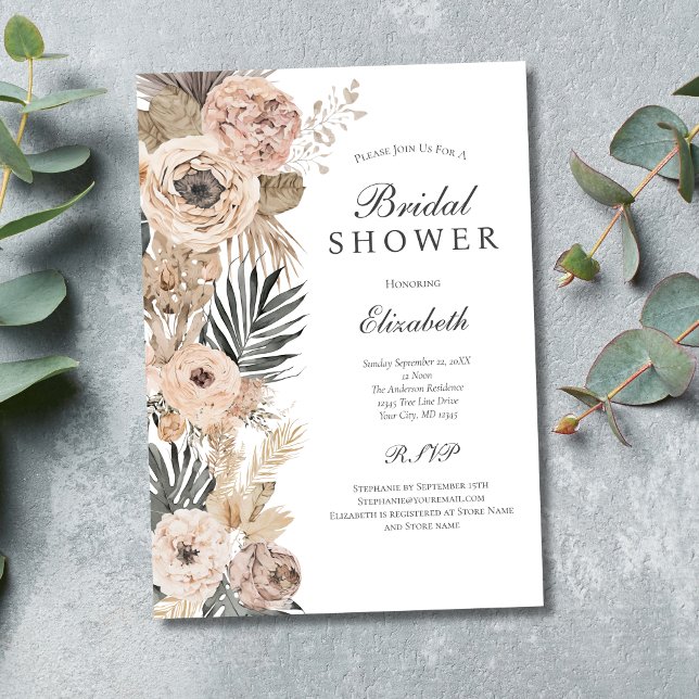 Convites Chá de panela Beige Boho da Cinza Rosa Esmagada (Blush Pink Beige Gray Floral Botanical Boho Bridal Shower Invitation. Printed and  Digital download)