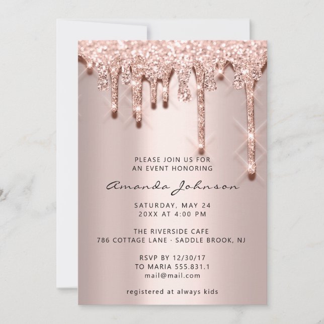 Convites Chá de panela Birthday 16th Rosa 3D Drips Glitter (Frente)