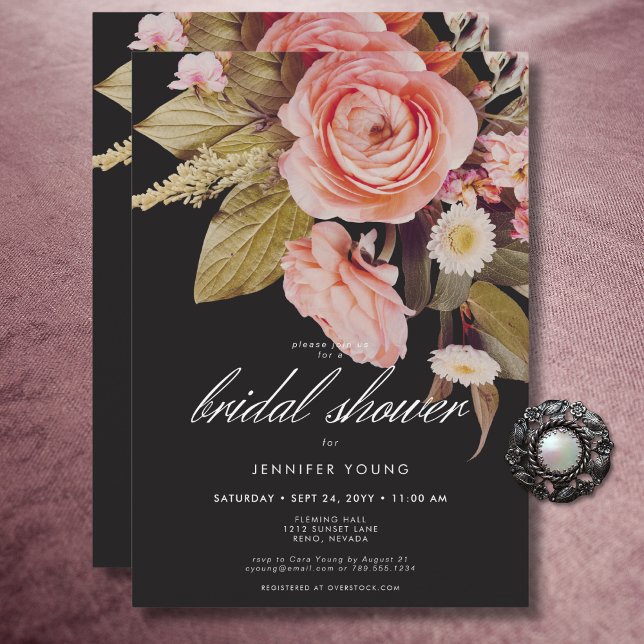 Convites Chá de panela Black Moody Blush Bloush (Black Moody Pink Blush Blooms Bridal Shower Invitation)