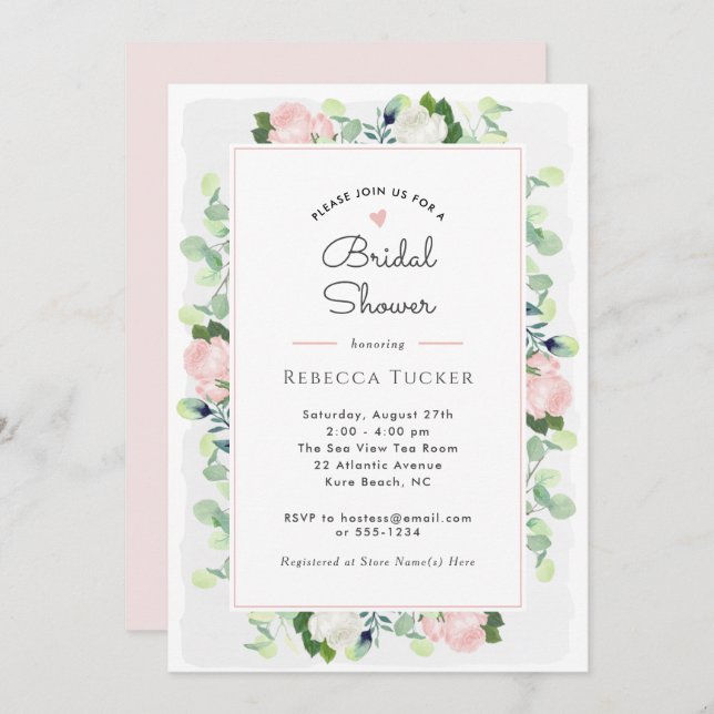 Convites Chá de panela Blush Pink Roses Greenery Boho (Frente/Verso)