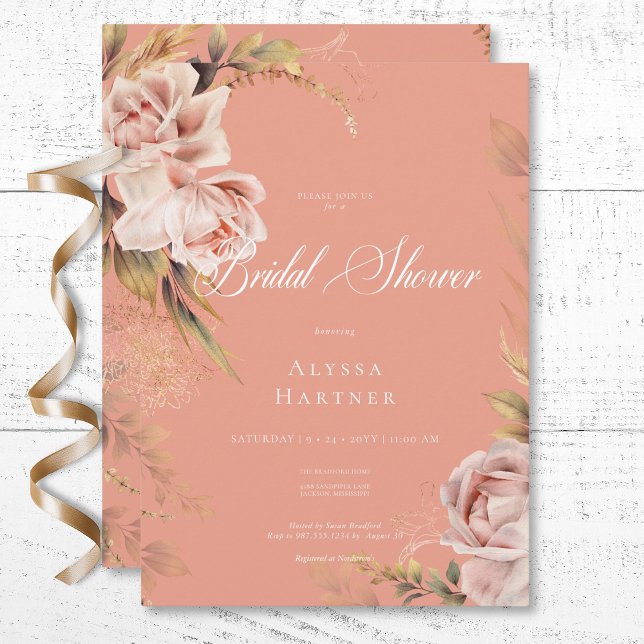 Convites Chá de panela Boho Blush Rosas & Grass (Boho Blush Roses & Grasses Bridal Shower Invitation)