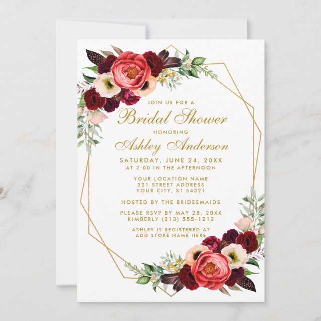 Convites Chá de panela Boho Burgundy Floral Invite G (Frente)