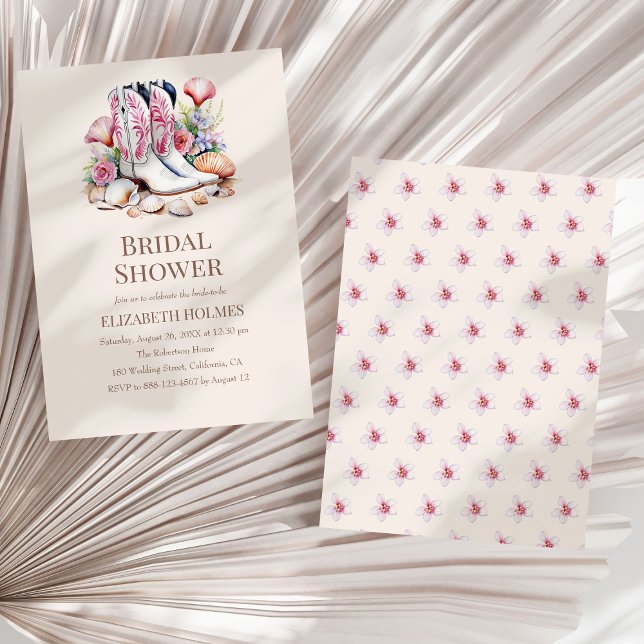 Convites Chá de panela Boho Coastal Cowgirl (Boho Coastal Cowgirl Bridal Shower Invitation on a white dry palm leaf.)