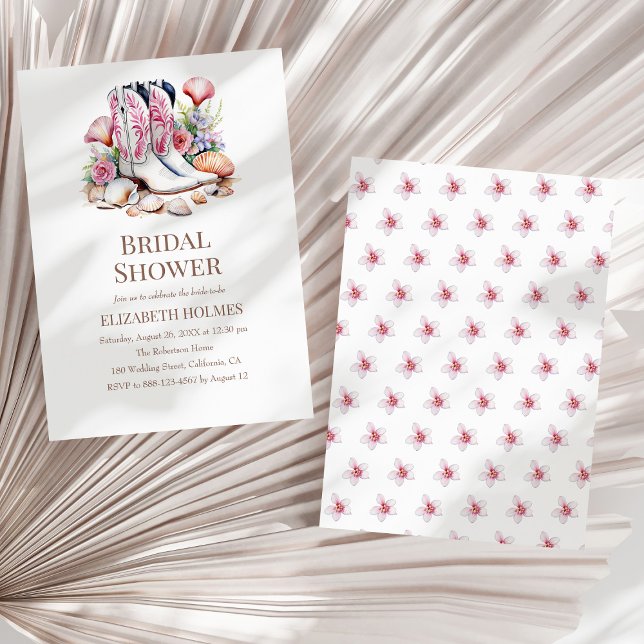 Convites Chá de panela Boho Coastal Cowgirl (Boho Coastal Cowgirl Bridal Shower Invitation on a sunny white dry palm leaf.)