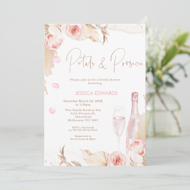 Convites Chá de panela Boho Pink Floral Prosecco (Em pé/Frente)