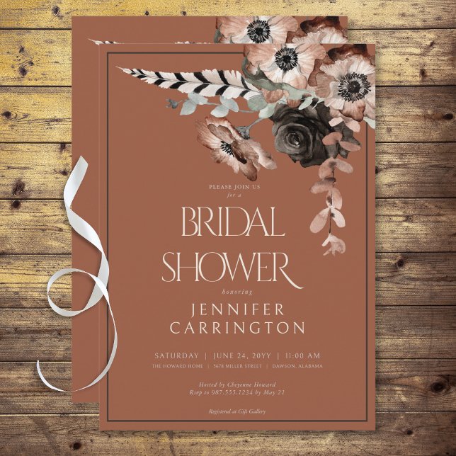 Convites Chá de panela Boho Rust Black & White Flowers (Boho Rust Black & White Flowers Bridal Shower Invitation)