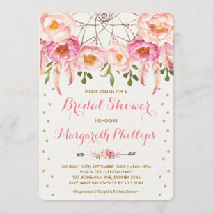 Convites Chá de panela bonito de Boho Dreamcatcher, Rosa e 