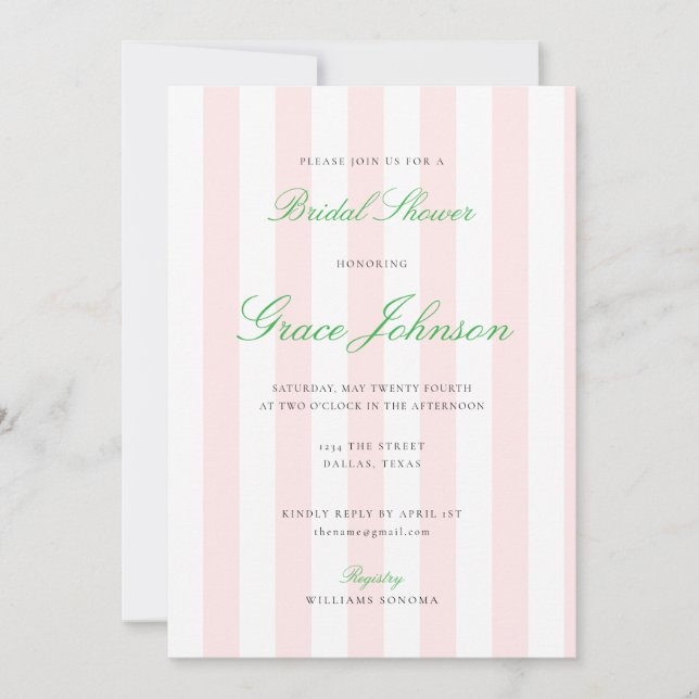 Convites Chá de panela bonito de Casamento Rosa e Stripe Br (Frente)