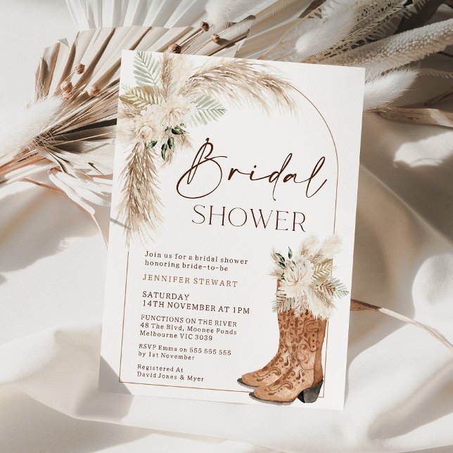 Convites Chá de panela Boots Floral Boot Boho Beige (Boho Floral Boots Bridal Shower Invitation, Arch Pampas Grass Bohemian Beige Floral Cowgirl Boots)